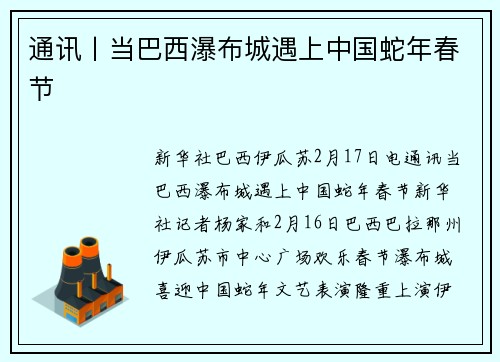 通讯丨当巴西瀑布城遇上中国蛇年春节