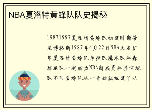 NBA夏洛特黄蜂队队史揭秘