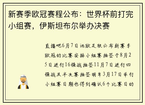 新赛季欧冠赛程公布:世界杯前打完小组赛,伊斯坦布尔举办决赛
