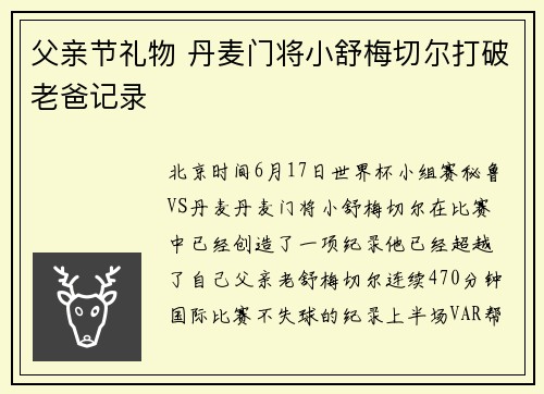 父亲节礼物 丹麦门将小舒梅切尔打破老爸记录